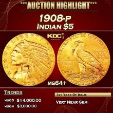 1908-p Gold Indian Half Eagle $5 ms64+ USCG