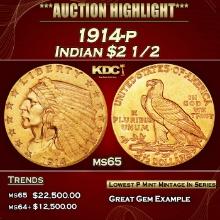 1914-p Gold Indian Quarter Eagle $2 1/2 ms65 SEGS