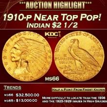 1910-p Gold Indian Quarter Eagle Near Top Pop! $2 1/2 ms66 USCG