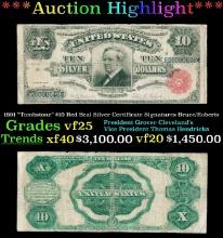 1891 $10 Red Seal Silver Certificate "Tombstone" Grades vf+ Signatures Bruce/Roberts