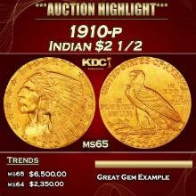 1910-p Gold Indian Quarter Eagle $2 1/2 ms65 SEGS