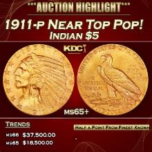 1911-p Gold Indian Half Eagle Near Top Pop! $5 ms65+ USCG