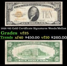 1928 $10 Gold Certificate Signatures Woods/Mellon Grades vf+