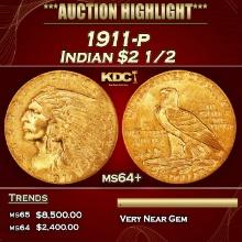 1911-p Gold Indian Quarter Eagle $2 1/2 ms64+ SEGS