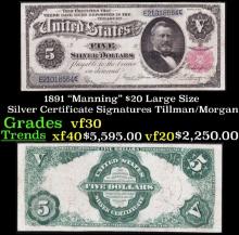 1891 $20 Large Silze Silver Certificate "Manning" Grades vf++ Signatures Tillman/Morgan