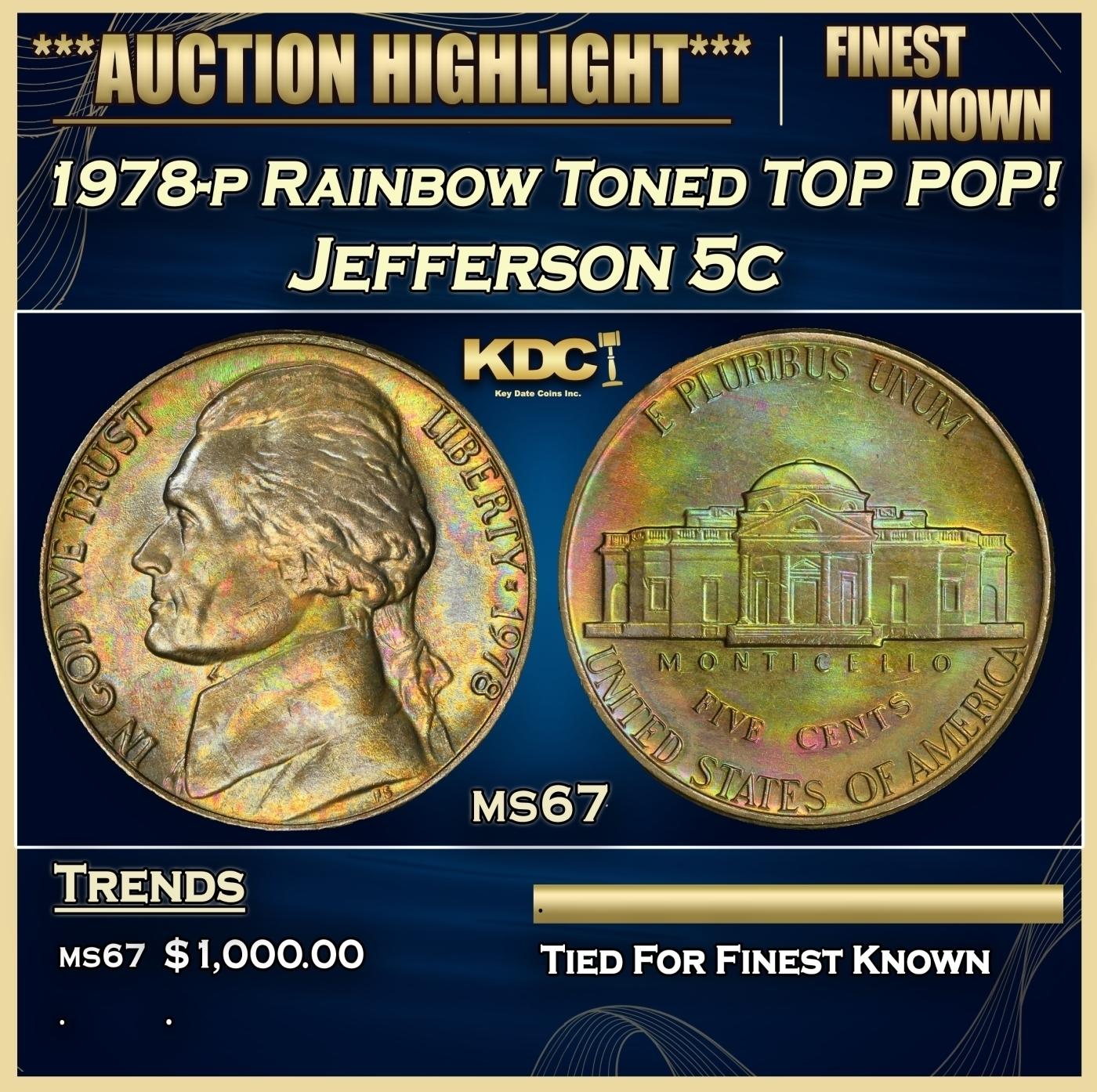 1978-p Jefferson Nickel Rainbow Toned TOP POP! 5c ms67 SEGS