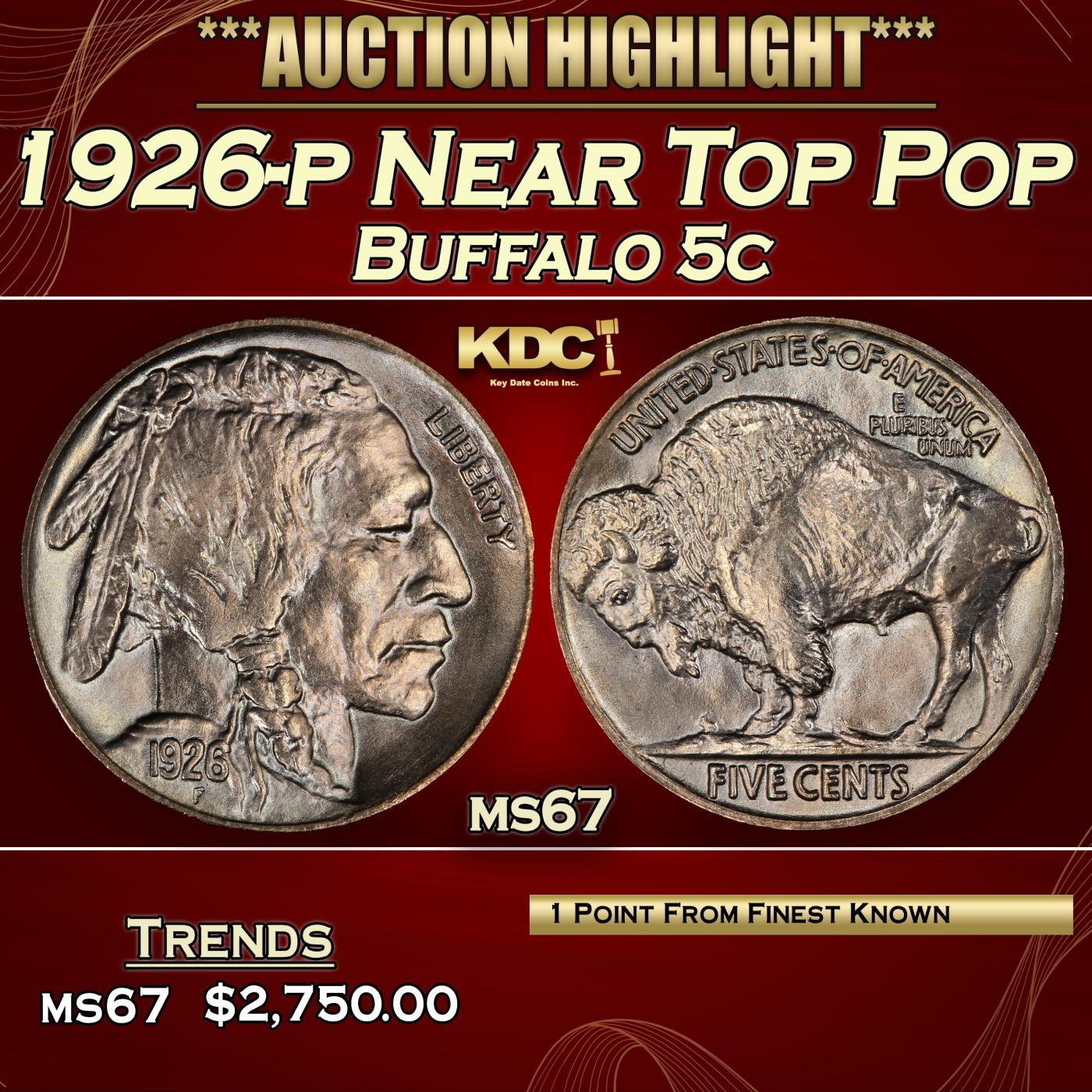 1926-p Buffalo Nickel Near Top Pop 5c ms67 SEGS