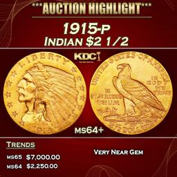1915-p Gold Indian Quarter Eagle $2 1/2 ms64+ SEGS