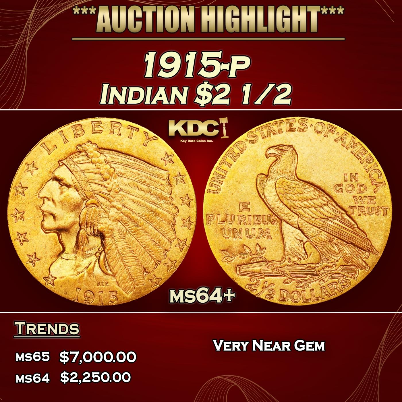 1915-p Gold Indian Quarter Eagle $2 1/2 ms64+ SEGS