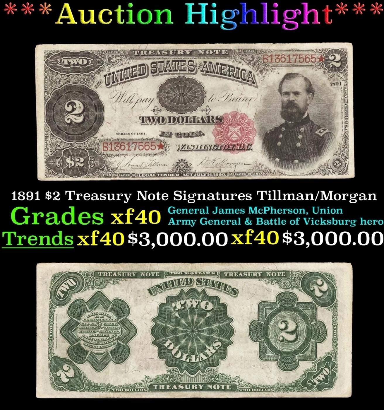 1891 $2 Treasury Note Grades xf Signatures Tillman/Morgan