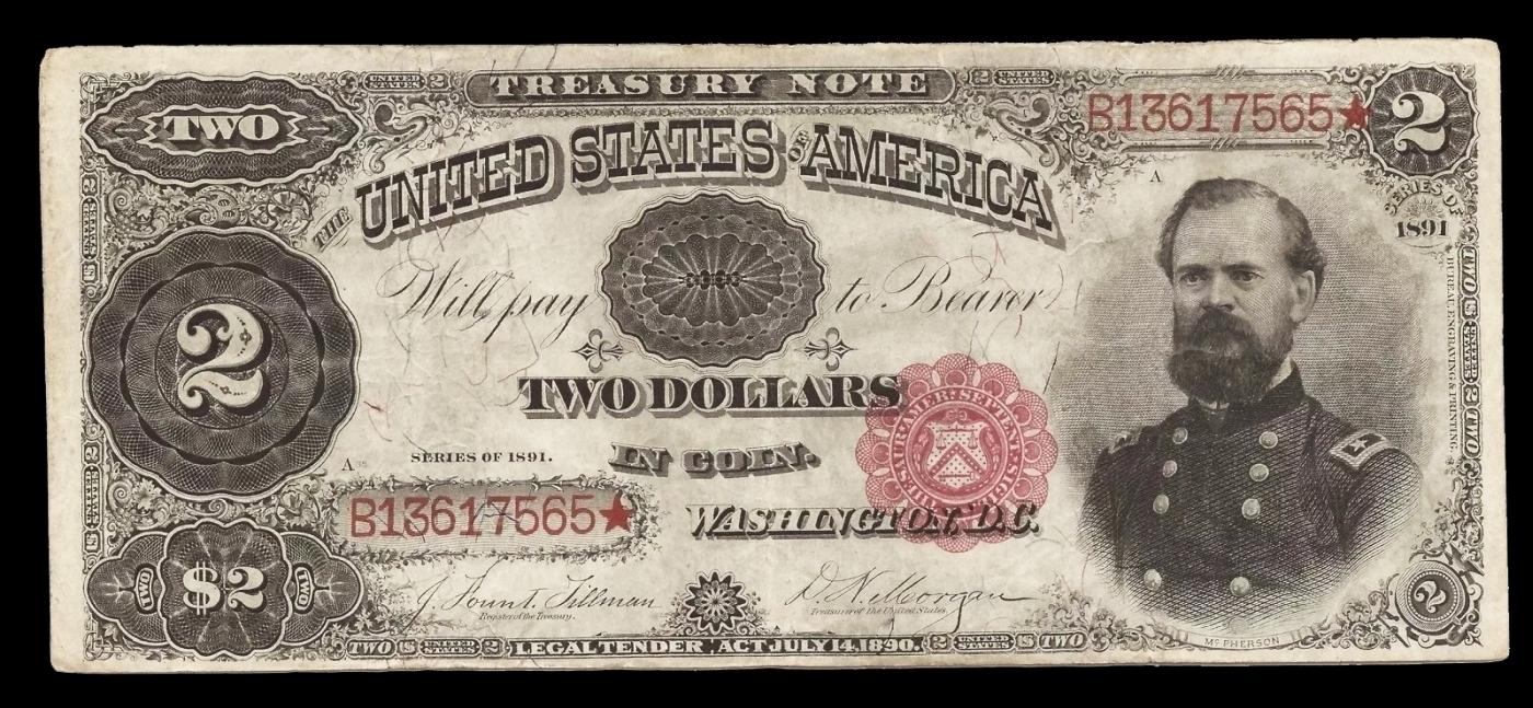 1891 $2 Treasury Note Grades xf Signatures Tillman/Morgan