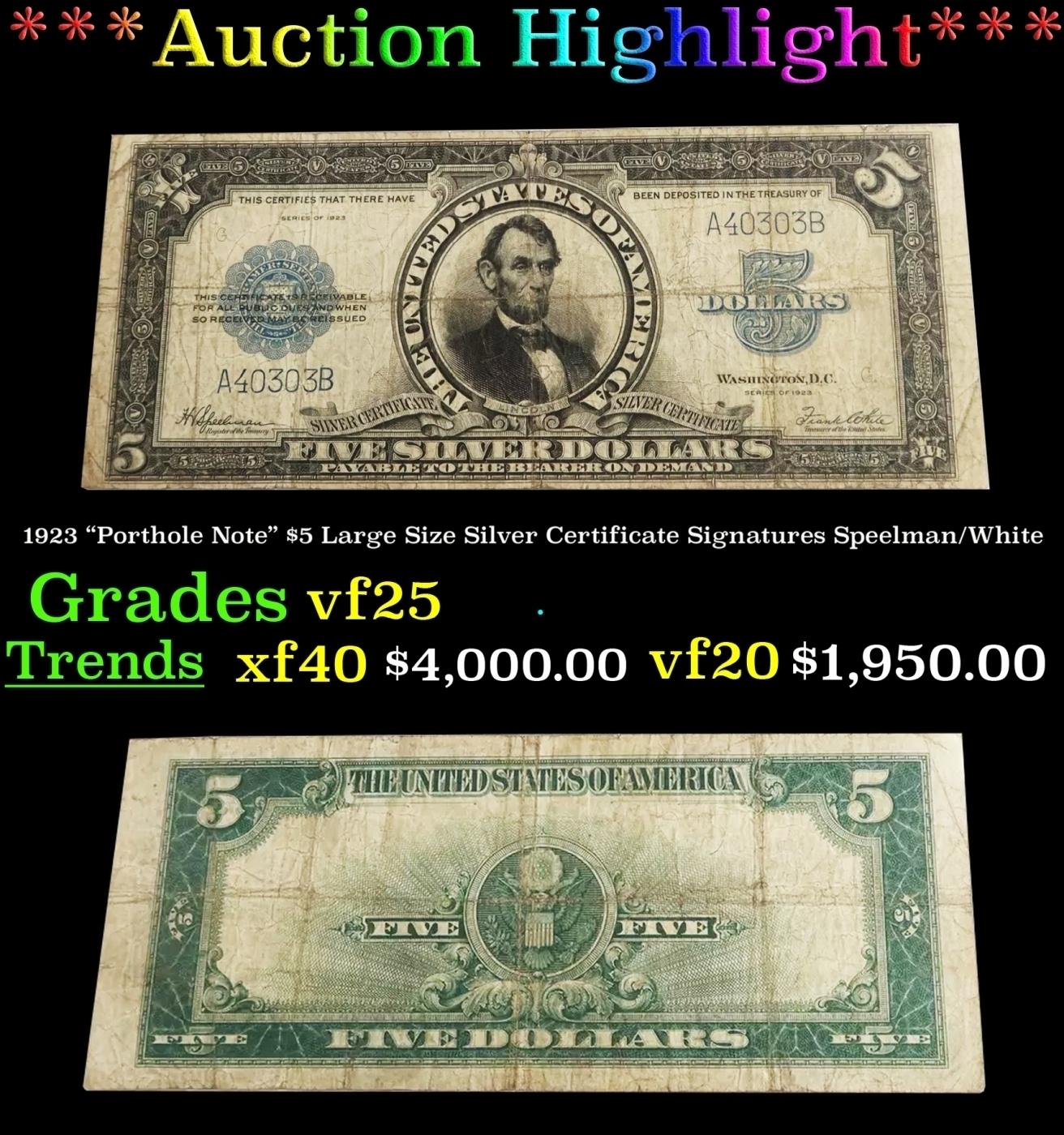 1923 $5 Large Size Silver Certificate "Porthole Note" Grades vf+ Signatures Speelman/White