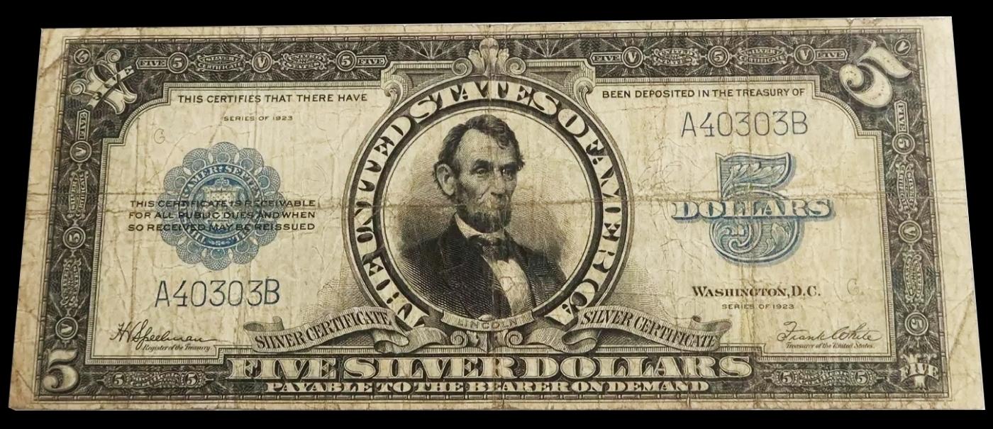 1923 $5 Large Size Silver Certificate "Porthole Note" Grades vf+ Signatures Speelman/White