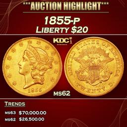 1855-p Gold Liberty Double Eagle $20 ms62 SEGS
