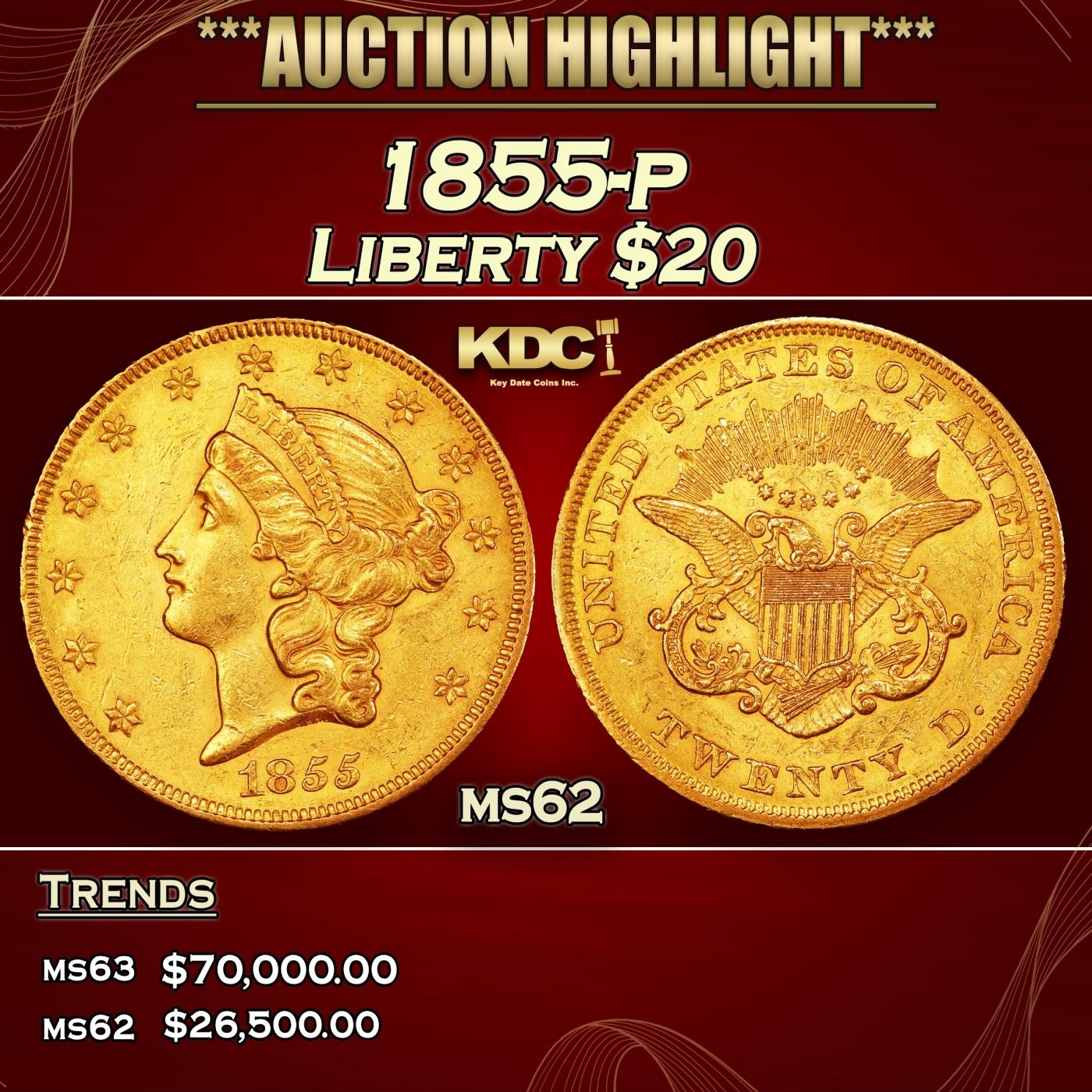 1855-p Gold Liberty Double Eagle $20 ms62 SEGS