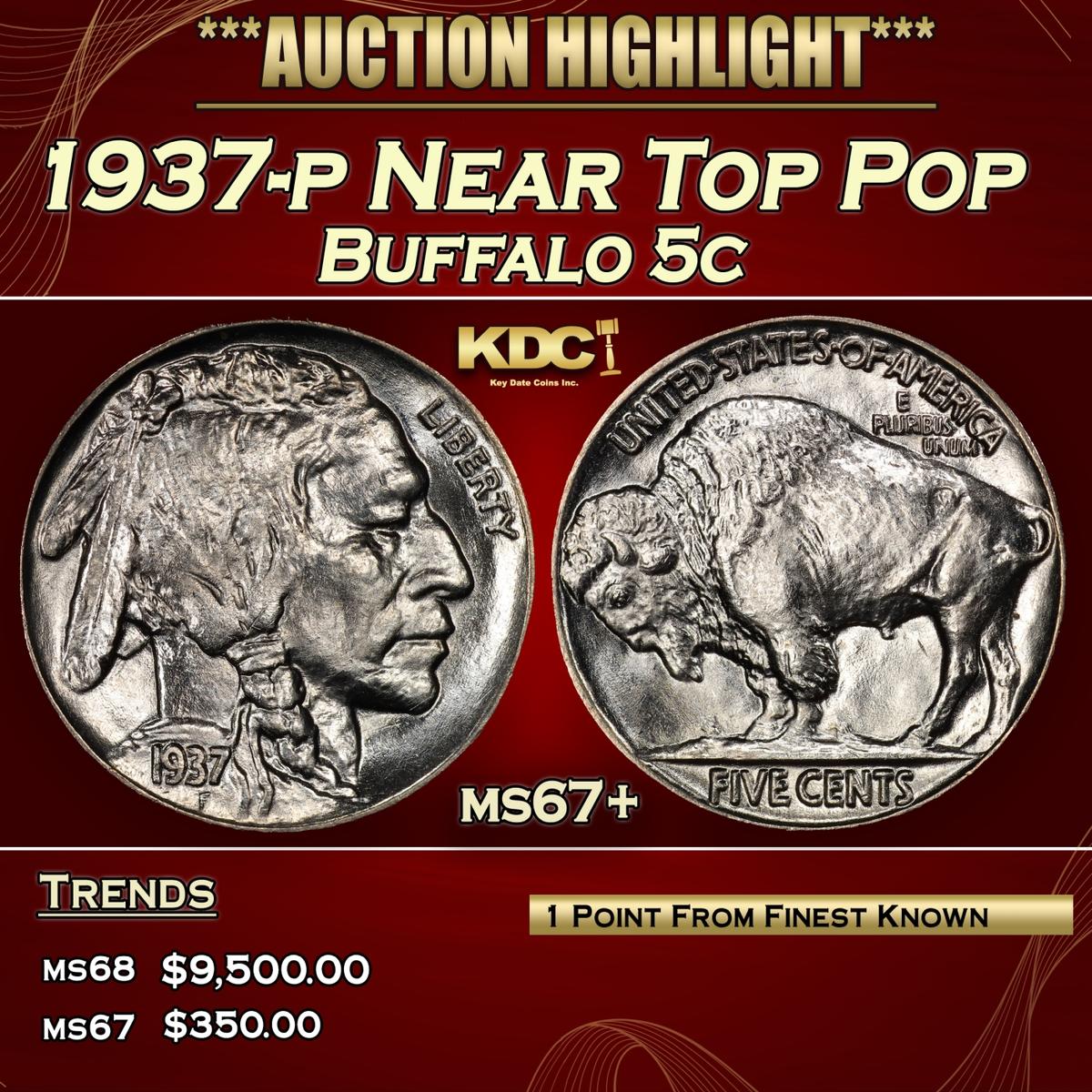 1937-p Buffalo Nickel Near Top Pop 5c ms67+ SEGS