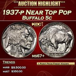 1937-p Buffalo Nickel Near Top Pop 5c ms67+ SEGS