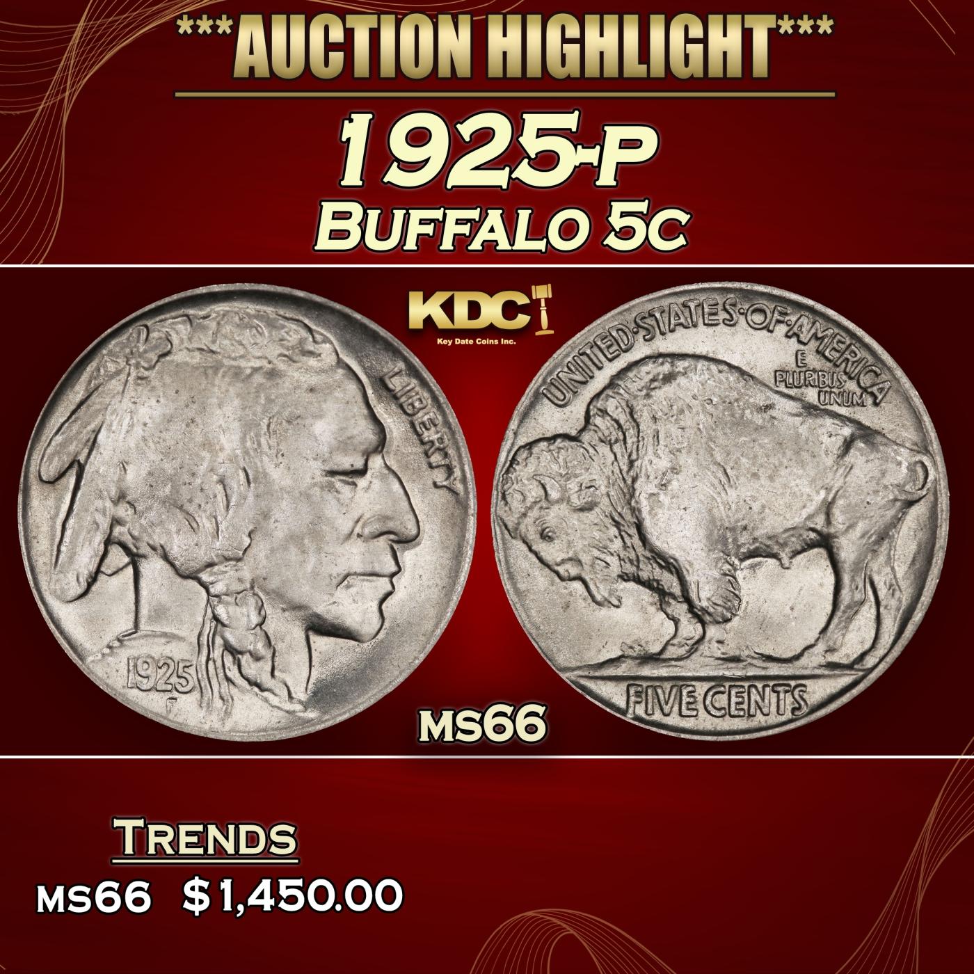 1925-p Buffalo Nickel 5c ms66 SEGS
