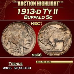 1913-d Ty II Buffalo Nickel 5c ms66 SEGS