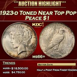 1923-d Peace Dollar Toned Near Top Pop $1 ms66+ SEGS