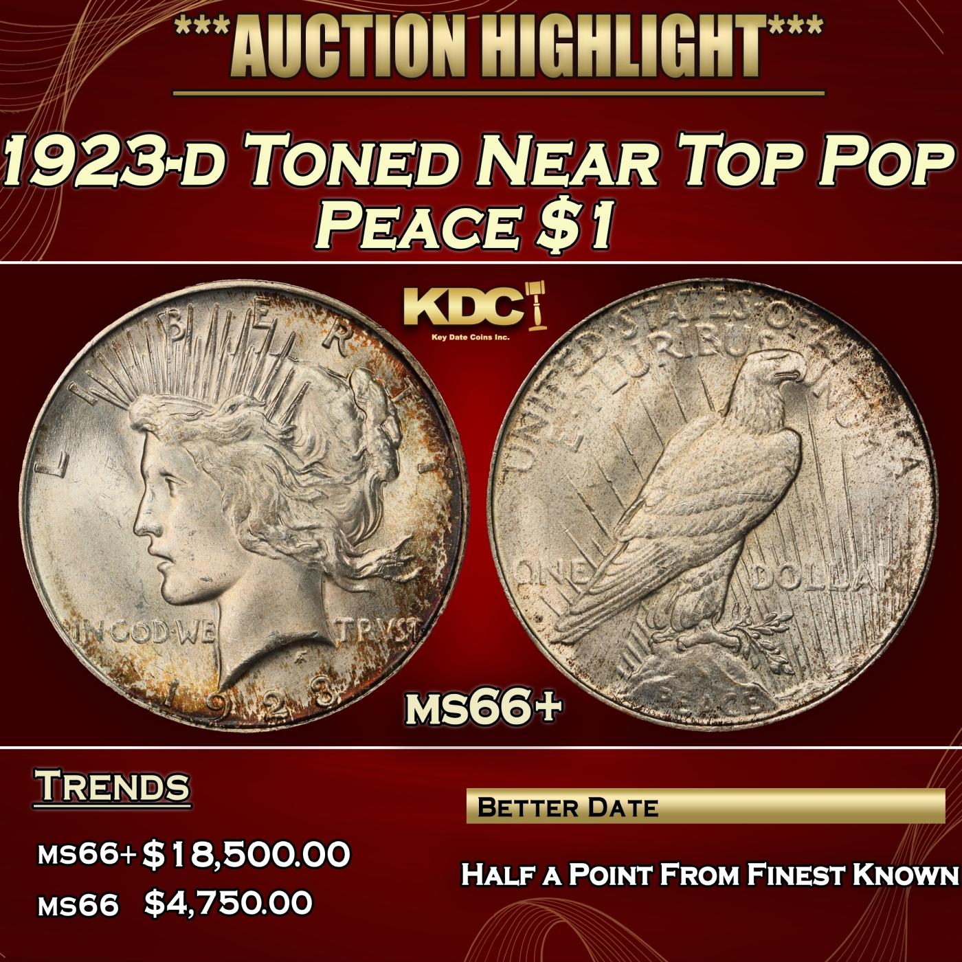 1923-d Peace Dollar Toned Near Top Pop $1 ms66+ SEGS
