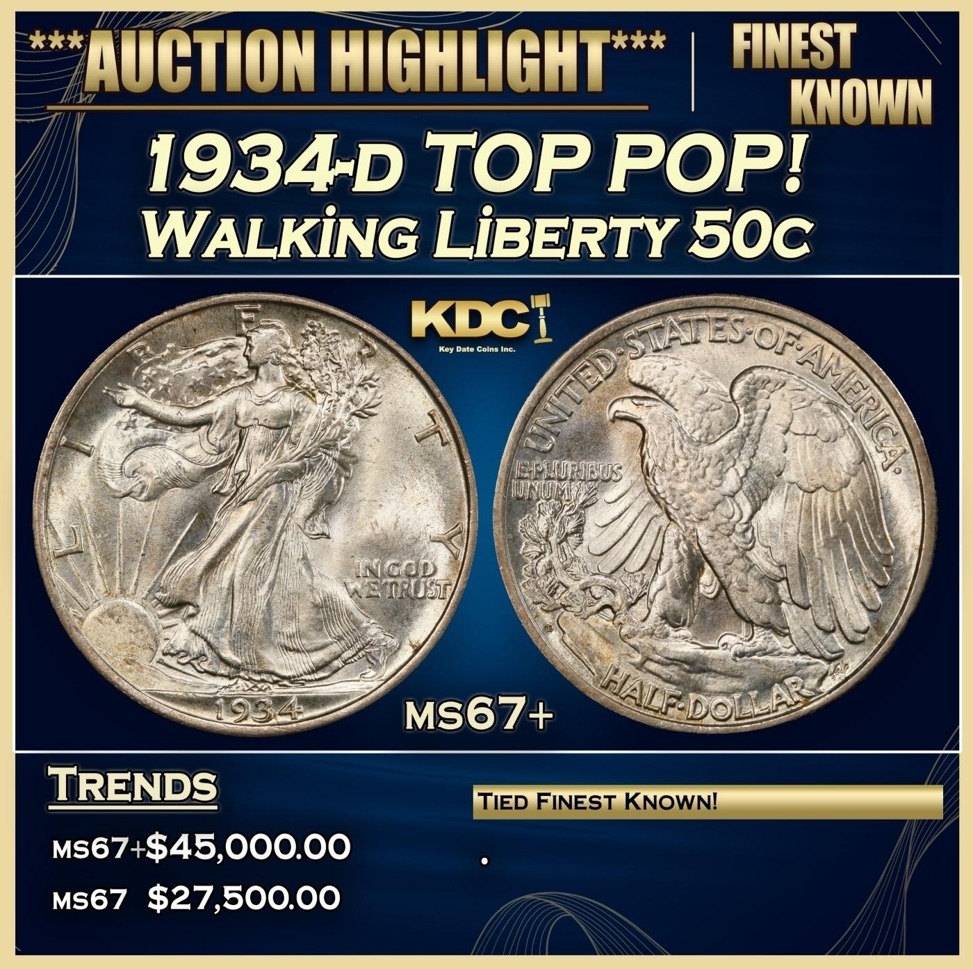 1934-d Walking Liberty Half Dollar TOP POP! 50c ms67+ SEGS