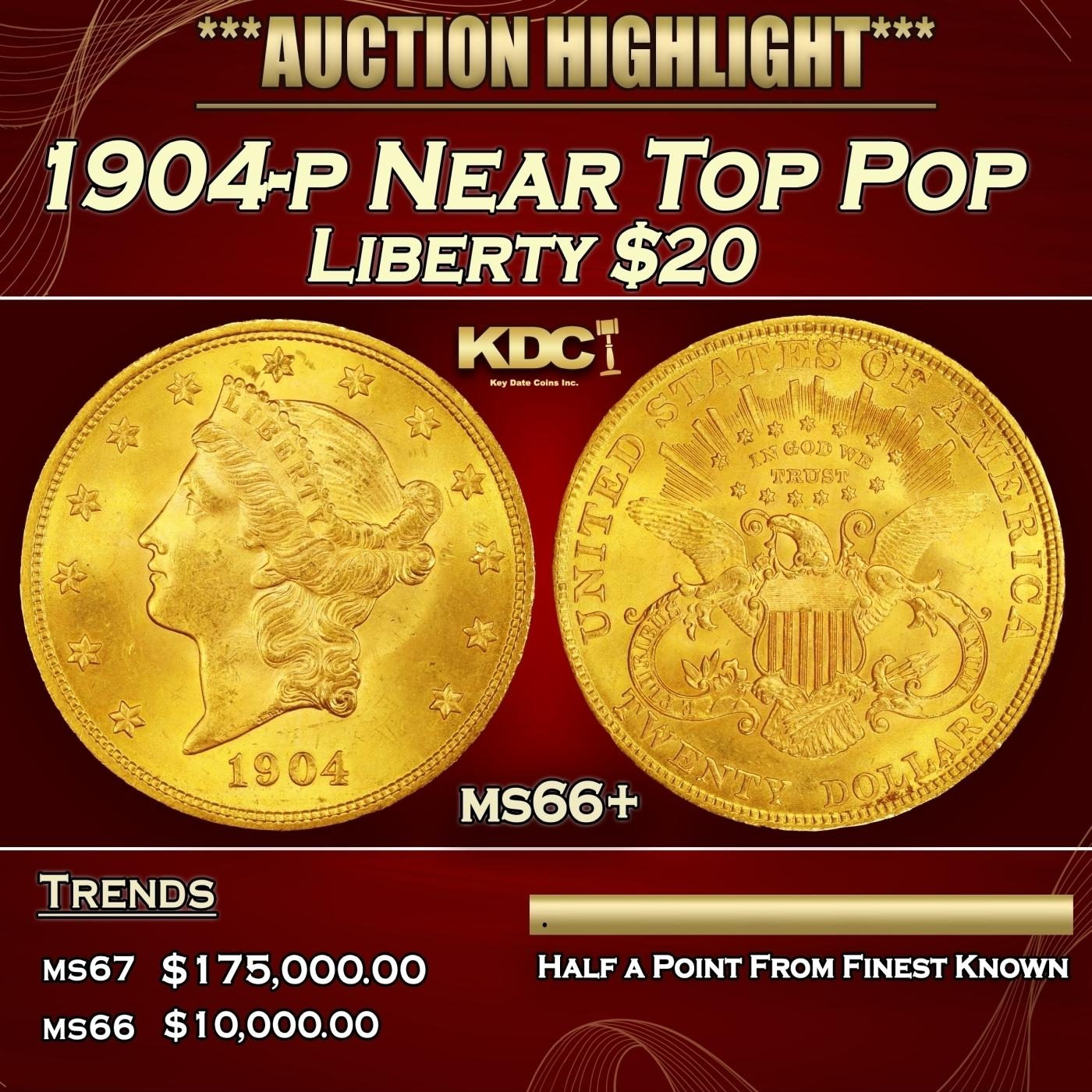 1904-p Gold Liberty Double Eagle Near Top Pop $20 ms66+ SEGS