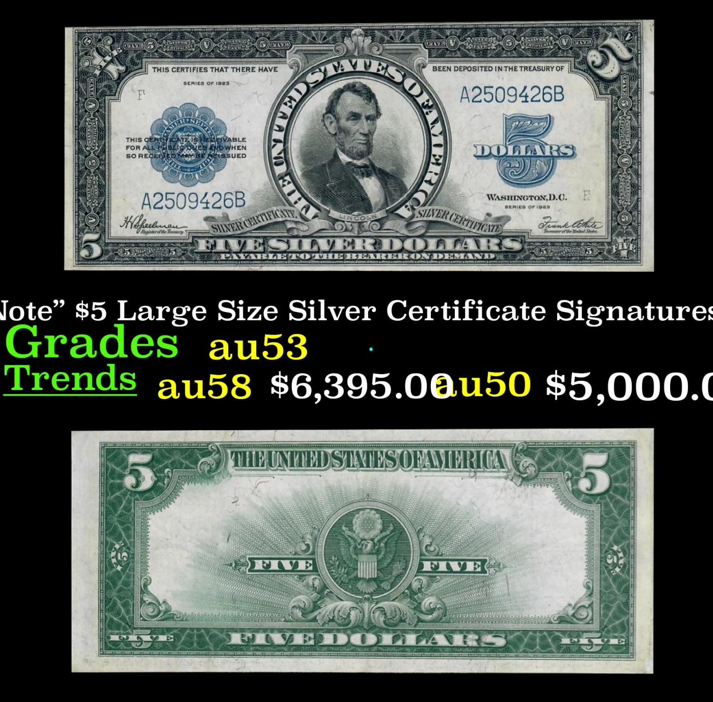 1923 $5 Large Size Silver Certificate "Porthole Note" Grades Select AU Signatures Speelman/White