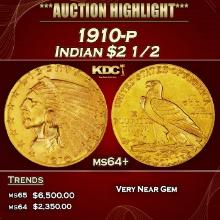 1910-p Gold Indian Quarter Eagle $2 1/2 ms64+ SEGS