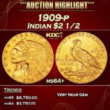 1909-p Gold Indian Quarter Eagle $2 1/2 ms64+ SEGS