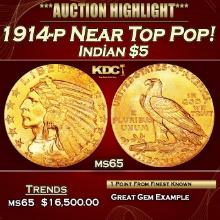 1914-p Gold Indian Half Eagle Near Top Pop! $5 ms65 USCG