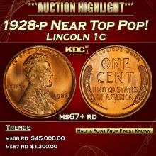 1928-p Lincoln Cent Near Top Pop! 1c ms67+ rd SEGS