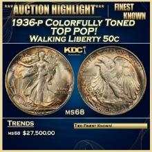 1936-p Walking Liberty Half Dollar Colorfully Toned TOP POP! 50c ms68 SEGS