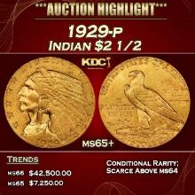 1929-p Gold Indian Quarter Eagle $2 1/2 ms65+ SEGS