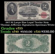1917 $2 Large Size Legal Tender Note Thomas Jefferson Grades vf+ Signatures Speelman/White