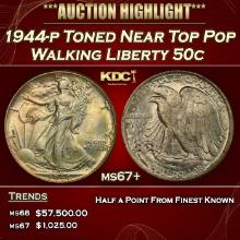 1944-p Walking Liberty Half Dollar Toned Near Top Pop 50c ms67+ SEGS