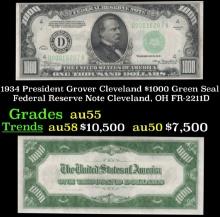 1934 $1000 Green Seal Federal Reserve Note President Grover Cleveland Cleveland, OH Grades Choice AU
