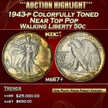 1943-p Walking Liberty Half Dollar Colorfully Toned Near Top Pop 50c ms67+ SEGS