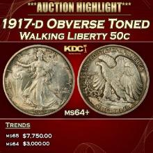 1917-d Obverse Walking Liberty Half Dollar Toned 50c ms64+ SEGS