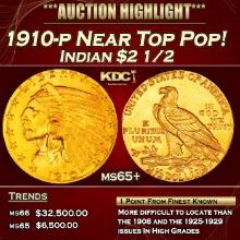 1910-p Gold Indian Quarter Eagle Near Top Pop! $2 1/2 ms65+ SEGS
