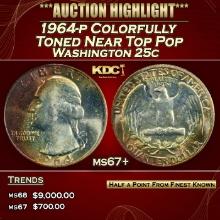 1964-p Washington Quarter Colorfully Toned Near Top Pop 25c ms67+ SEGS