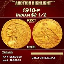 1910-p Gold Indian Quarter Eagle $2 1/2 ms65 SEGS