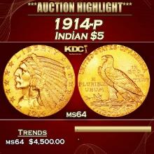 1914-p Gold Indian Half Eagle $5 ms64 USCG