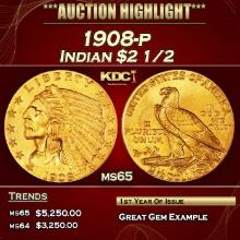 1908-p Gold Indian Quarter Eagle $2 1/2 ms65 SEGS
