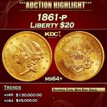 1861-p Gold Liberty Double Eagle $20 ms64+ SEGS