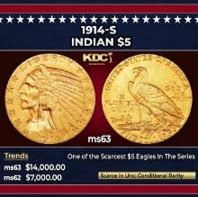 1914-s Gold Indian Half Eagle $5 ms63 USCG