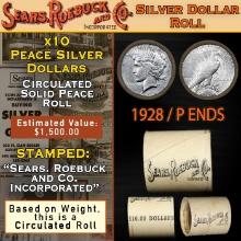 SEARS Peace Silver Dollar $1 Roll 10 Coins Circulated 1928/'S' Rev Ends