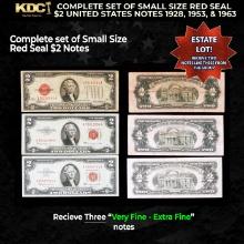 Complete Set Of Small Size Red Seal $2 United States Notes 1928, 1953, & 1963 Grades VF/XF