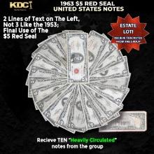 10x 1963 $5 Red Seal United States Note Heavily Circulated