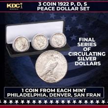 3 Coin 1922 P, D, S Peace Dollar Set, 1 Coin From Each Mint